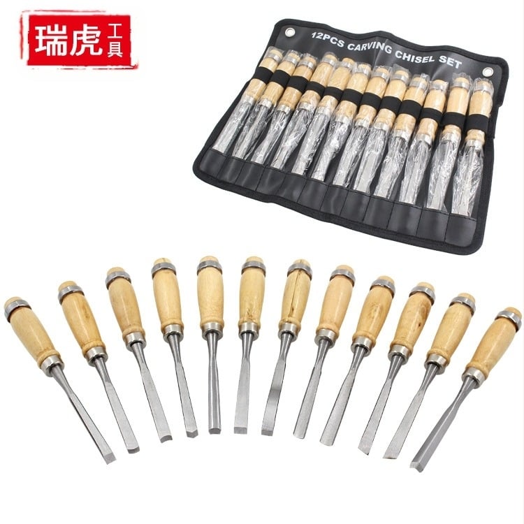 Εργαλεία ξυλουργικής για ξυλόγλυπτη, 12 τεμαχιά, με ξύλινες λαβές και ποικίλα σχήματα κεφαλών (Τύποι κεφαλών: διάφοροι; Υλικό λαβής: ξύλο; Σκοπός: ξυλουργική; Σειρά: χαρακτικά εργαλεία)