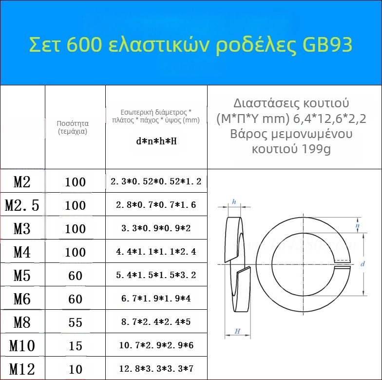 304 ατσάλινα ελατηριδικά ροδέλια σε κουτί – αντιχαλάρωση, με βίδες, 480/600 τεμάχια, GB93 Τάξη Α