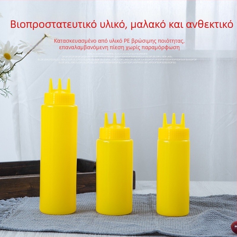 Πλαστικό μπουκάλι συμπίεσης με τρεις οπές για σάλτσες και καρυκεύματα — προσαρμογή με εκτύπωση λογότυπου