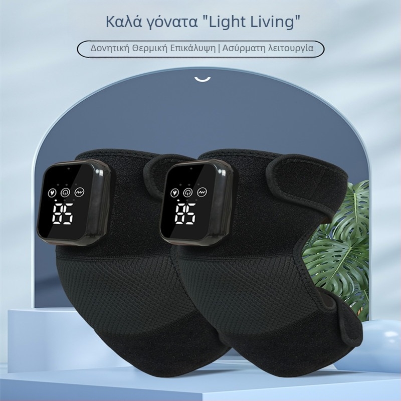 Μασάζ γόνατος με θέρμανση και δόνηση; θερμαινόμενη επιγονατίδα με θερμή συμπίεση; τρία επίπεδα ελέγχου δόνησης και θέρμανσης; θερμοκρασία 48–58°C; ισχύς 8W; τάση 5V