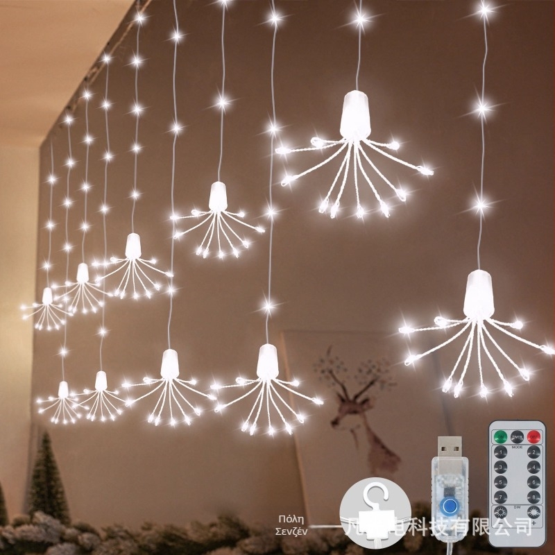 LED αλυσίδες φωτισμού με κουρτίνα αστέρων, ηλιακή τροφοδοσία, φώτα σε λωρίδες πάγου με σχέδιο πυροτεχνημάτων για ρομαντικούς γάμους και πάρτι