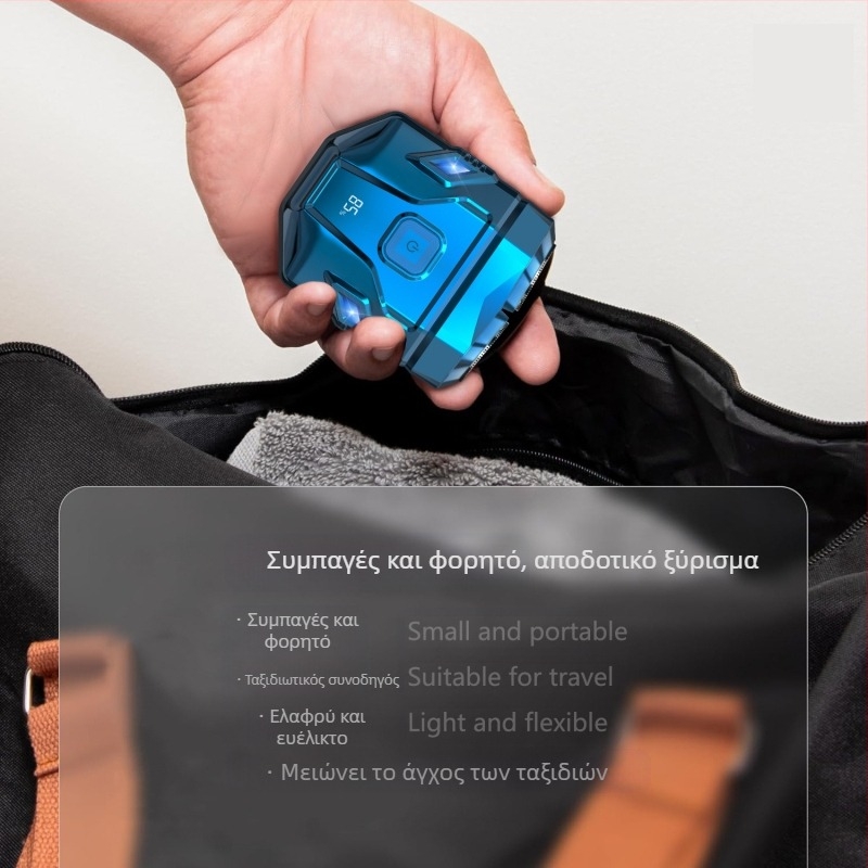 Ηλεκτρικός ξυριστήρας, φορητός και αδιάβροχος, με LED οθόνη, περιστρεφόμενη κεφαλή με δύο λεπίδες, επαναφορτιζόμενη μπαταρία έως 50 λεπτά.
