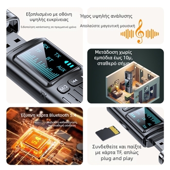 GT72 Bluetooth 5.4 2-σε-1 δέκτης-εκπομπός με ψηφιακή οθόνη και 3,5 mm AUX