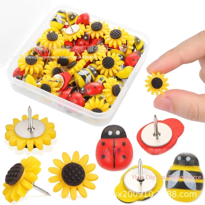 Yuspai DIY ρητίνης cartoon push pins με σχέδια bee, ladybug και sunflower, σετ 30 τεμαχίων για φωτοτοίχο και πίνακα μηνυμάτων; πλαστικό, σε κουτί