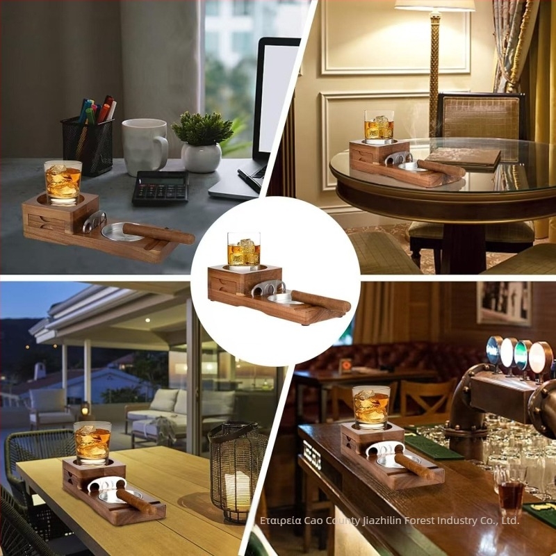 Ξύλινο τασάκι με θήκη ποτηριού, κόφτης πούρων και δίσκο ουίσκι