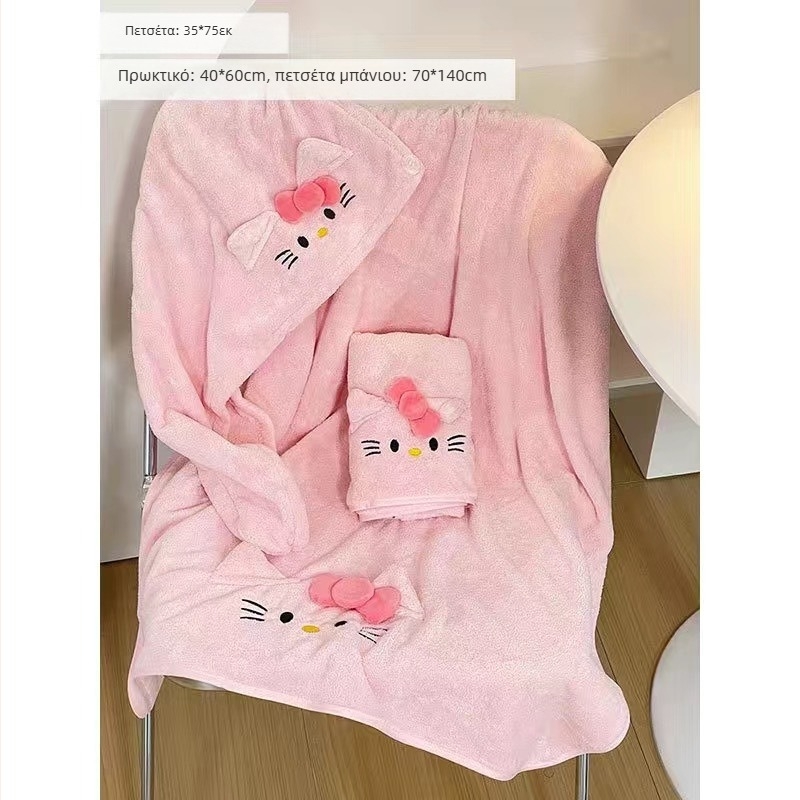 Μπουρνούζι μπάνιου με γάτα σε cartoon σχέδιο από coral fleece, καπέλο για στεγνώμα μαλλιών, unisex, 350 g, 91–95% πολυεστέρας