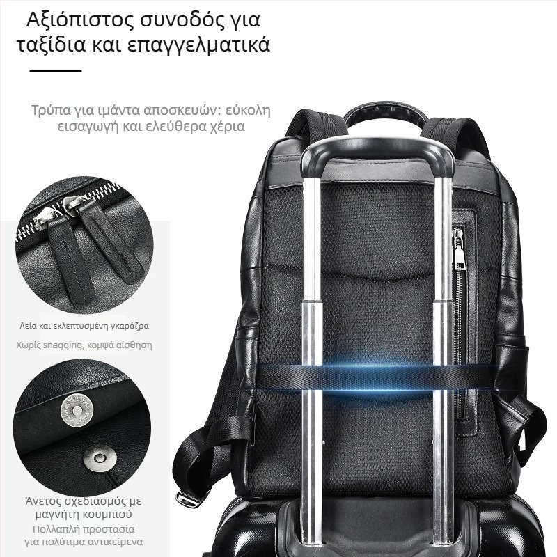 Ανδρικό σακίδιο από γνήσιο δέρμα - Αντικλοπή, πρώτο στρώμα βοδινού δέρματος, θήκη για φορητό, καμπύλοι ιμάντες ώμου, επιχειρηματικά ταξίδια