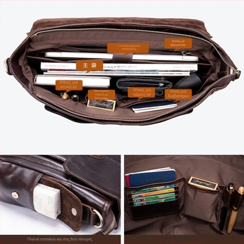 Ανδρική επιχειρηματική τσάντα crossbody — γνήσιο δέρμα πρώτου στρώματος, οριζόντια τετράγωνη μορφή, κλείσιμο με φερμουάρ, εσωτερικές θήκες (με φερμουάρ, για κινητό, ID), Maddie μοντέλο 8942, αδιάβροχη