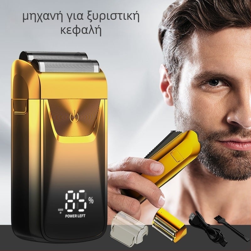 Ηλεκτρικό ξυριστικό με LED οθόνη, επαναλαμβανόμενη κεφαλή δύο λεπίδων, αιωρούμενη κεφαλή, ενσωματωμένη μπαταρία 500–800 mAh, αποσπώμενο πλενόμενο κεφάλι