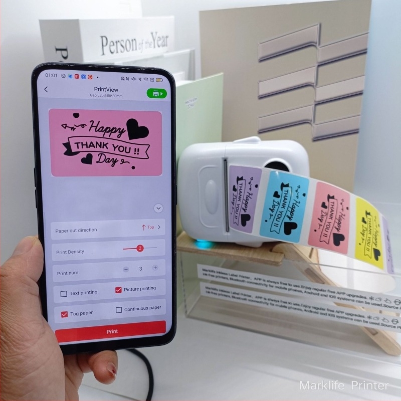 P50 Bluetooth εκτυπωτής ετικετών — θερμικό χαρτί, πλάτος εκτύπωσης 15–57 mm, χωρητικότητα 100–500 ετικετών, συμβατό με Android και iOS