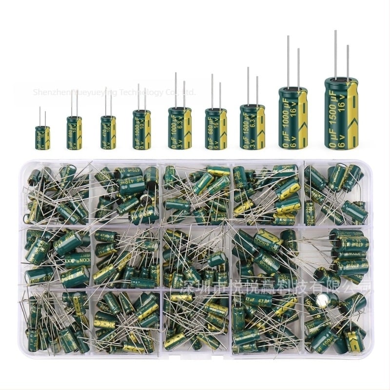 Σετ 225 τεμάχια υψηλής συχνότητας αλουμινένιων ηλεκτρολυτικών πυκνωτών, 15 τιμές χωρητικότητας, απόσταση ακροδεκτών 38,90 mm, συσκευασία: κουτί