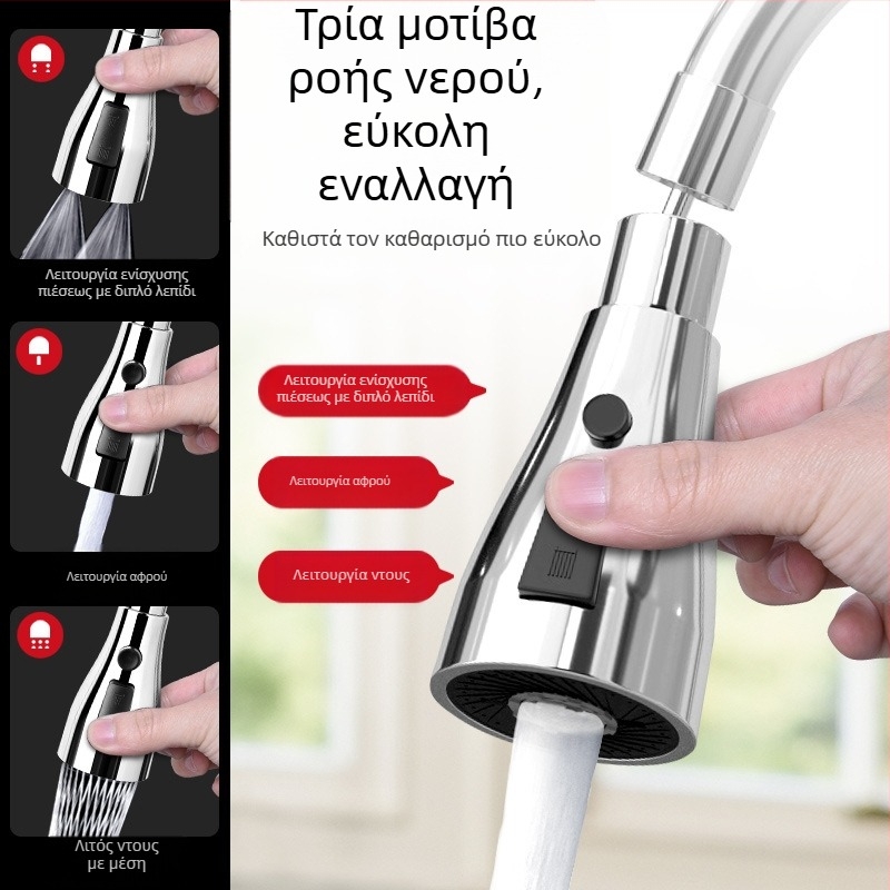 Κουζίνας κεφαλή ψεκαστήρα βρύσης με περιστρεφόμενο προεκτατήρα και φίλτρο – υλικό ορείχαλκος/ABS, μονοχειρικός έλεγχος, ηλεκτροπλαστικό φινίρισμα με bake βερνίκι, εύκολη εγκατάσταση, 0–70°C