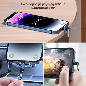 3-σε-1 μαγνητικό περιστρεφόμενο καλώδιο φόρτισης για Apple και Huawei, Αλουμινίου κράμα, Πλεγμένο, Micro USB, 18W