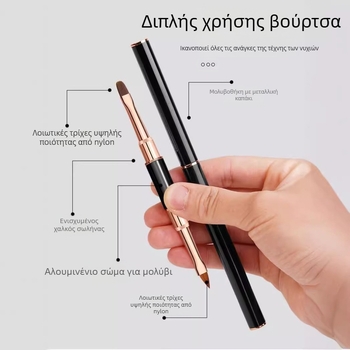 Πένα σχεδίασης νυχιών, ιαπωνικού στυλ διπλού κεφαλιού, στρογγυλή κεφαλή, μακριά λαβή αλουμινίου, 5 σετ βουρτσών