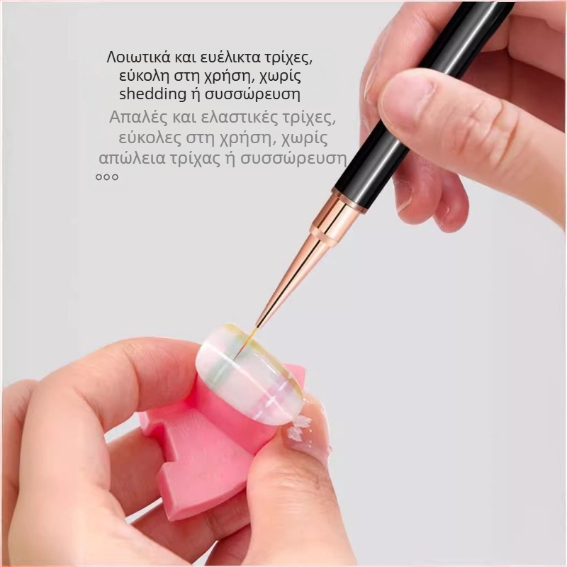 Πένα σχεδίασης νυχιών, ιαπωνικού στυλ διπλού κεφαλιού, στρογγυλή κεφαλή, μακριά λαβή αλουμινίου, 5 σετ βουρτσών