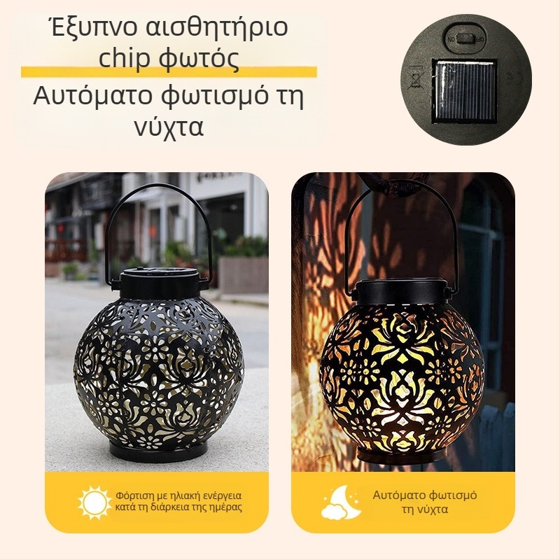 Φανάρι ηλιακό κήποι από σφυρήλατο σίδερο με διάτρητη σφαίρα-κολοκύθα, LED ζεστό φως, εξωτερική χρήση IP44