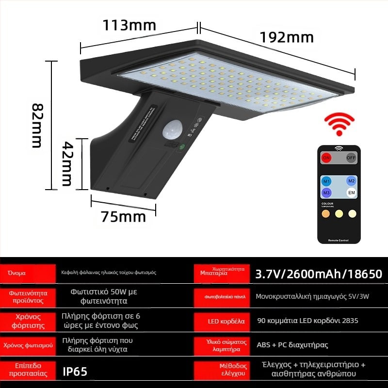 Ηλιακός εξωτερικός τοίχος φωτιστικό με ανίχνευση κίνησης, IP65 αδιάβροχο, LED 520 lm, 4,2 W, ηλιακό πάνελ 3W, μπαταρία 18650 2600 mAh, Μοντέλο SLR-05