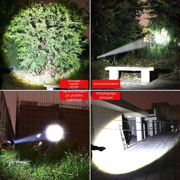 Φακός LED τακτικής – Τετραπύρηνος, επαναφορτιζόμενος, ζουμ ακτίνας φωτός, σώμα από αλουμίνιο, εμβέλεια 200–500 m
