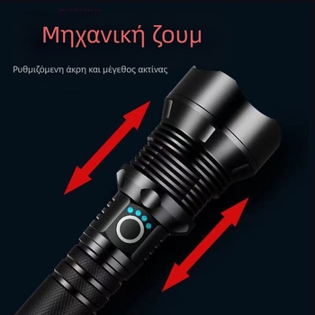 Φακός LED τακτικής – Τετραπύρηνος, επαναφορτιζόμενος, ζουμ ακτίνας φωτός, σώμα από αλουμίνιο, εμβέλεια 200–500 m