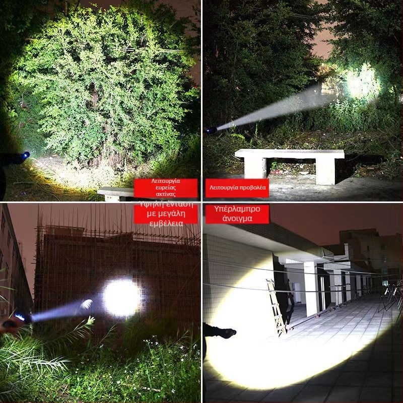 Φακός LED τακτικής – Τετραπύρηνος, επαναφορτιζόμενος, ζουμ ακτίνας φωτός, σώμα από αλουμίνιο, εμβέλεια 200–500 m