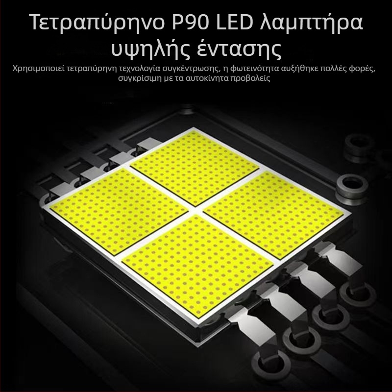 Φακός LED τακτικής – Τετραπύρηνος, επαναφορτιζόμενος, ζουμ ακτίνας φωτός, σώμα από αλουμίνιο, εμβέλεια 200–500 m