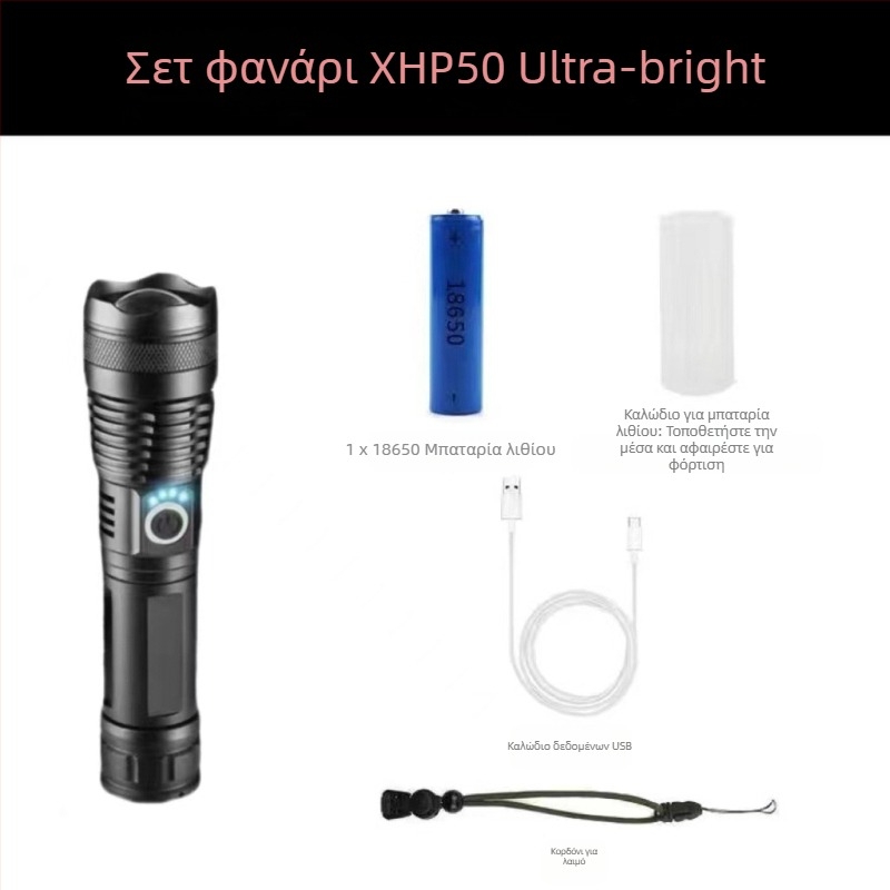 Φακός LED τακτικής – Τετραπύρηνος, επαναφορτιζόμενος, ζουμ ακτίνας φωτός, σώμα από αλουμίνιο, εμβέλεια 200–500 m