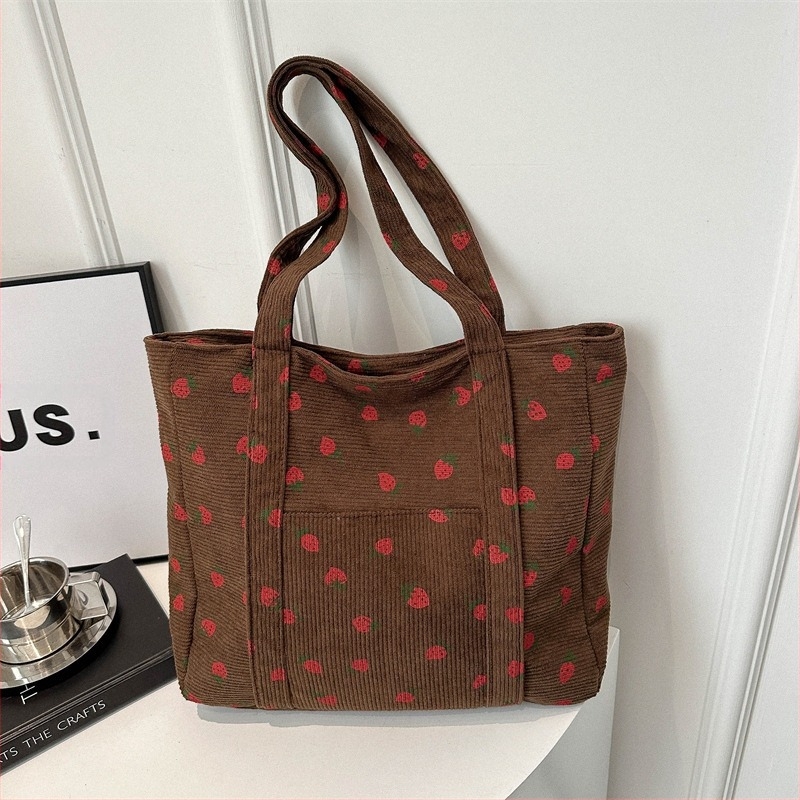 Τσάντα Tote από corduroy με εκτύπωση φράουλας, στυλ Fresh and Sweet, φερμουάρ, μεγάλος χώρος, οριζόντιο τετράγωνο σχήμα, καθημερινή χρήση
