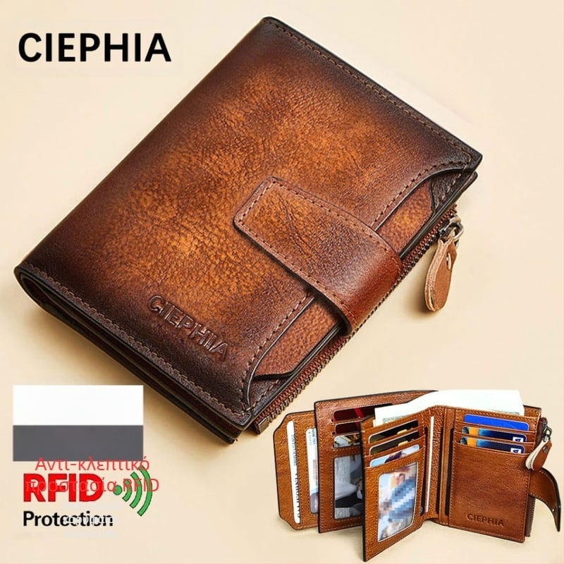 CIEPHIA ανδρικό πορτοφόλι από γνήσιο δέρμα με προστασία RFID, κοντό ρετρό σχέδιο, πολλαπλές θήκες για κάρτες и θήκη κερμάτων με φερμουάρ