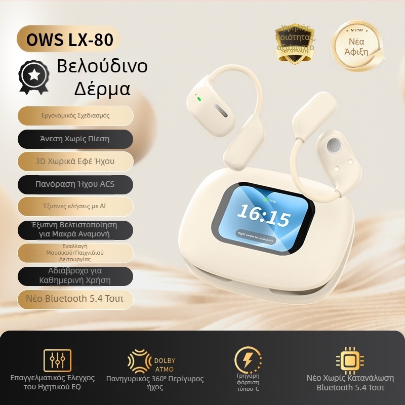 Ασύρματα αθλητικά ακουστικά με γάντζο στο αυτί, έλεγχο αφής και ψηφιακή οθόνη (Bluetooth 5.4, εμβέλεια 15 m, μπαταρία 4–8 h)