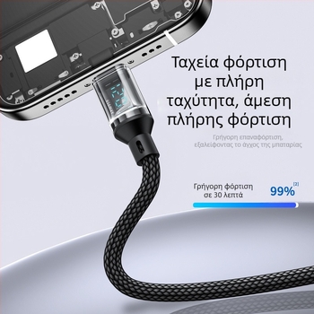 Καλώδιο USB-C με πλεκτή επένδυση για γρήγορη φόρτιση με ψηφιακή οθόνη, μέγιστη ισχύς 120W
