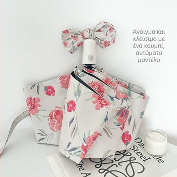 Ομπρέλα τριών τμημάτων με μοτίβ Camellia, UPF 50+ UV προστασία, ύφασμα 210T, 8 ακτίνες, αυτόματο άνοιγμα