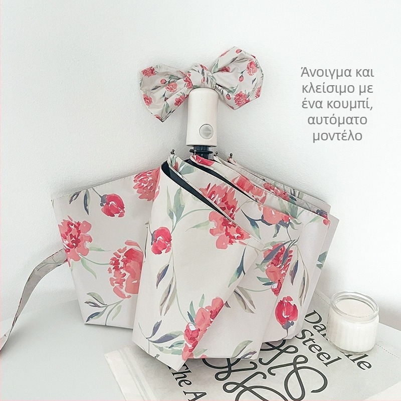 Ομπρέλα τριών τμημάτων με μοτίβ Camellia, UPF 50+ UV προστασία, ύφασμα 210T, 8 ακτίνες, αυτόματο άνοιγμα