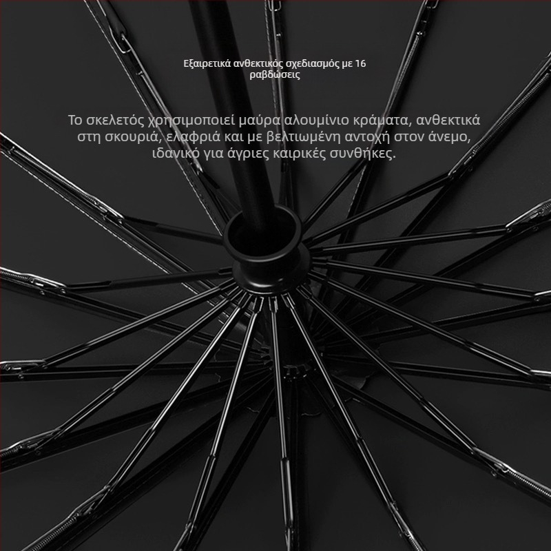 Ομπρέλα τριπλής αναδίπλωσης με χειρολαβή από συμπαγές ξύλο, σκελετός από ίνες με 10 ράβδους, ύφασμα 210T, άνοιγμα με αυτόματο μηχανισμό