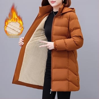 Γυναικείο μπουφάν με γέμισμα από πούπουλα-βαμβάκι, αποσπώμενη κουκούλα, φερμουάρ, μεσαίου μήκους, πολυεστερικό ύφασμα