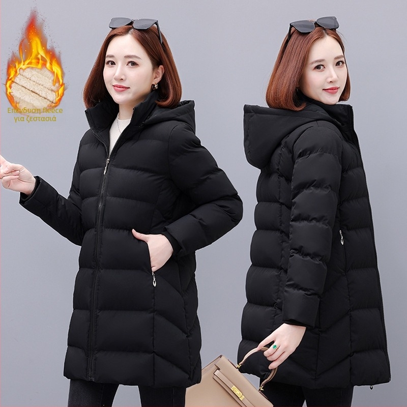 Γυναικείο μπουφάν με γέμισμα από πούπουλα-βαμβάκι, αποσπώμενη κουκούλα, φερμουάρ, μεσαίου μήκους, πολυεστερικό ύφασμα