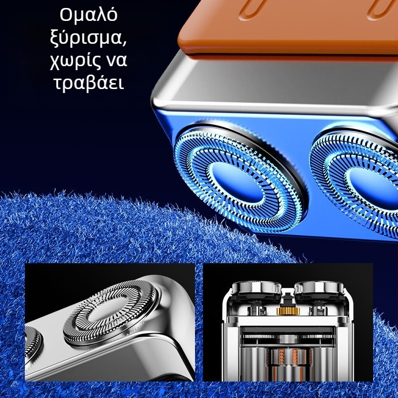 Ηλεκτρική ξυριστική μηχανή με LED οθόνη, πλωτή κεφαλή, περιστρεφόμενη κεφαλή δύο λεπίδων, ενσωματωμένη επαναφορτιζόμενη μπαταρία 300–500 mAh, έως 60 λεπτά λειτουργίας, λεπίδες που αφαιρούνται και πλένονται