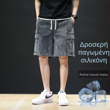 Ανδρικά τζιν σορτς, καλοκαίρι, χαλαρή γραμμή, μεσαία μέση, βαμβάκι
