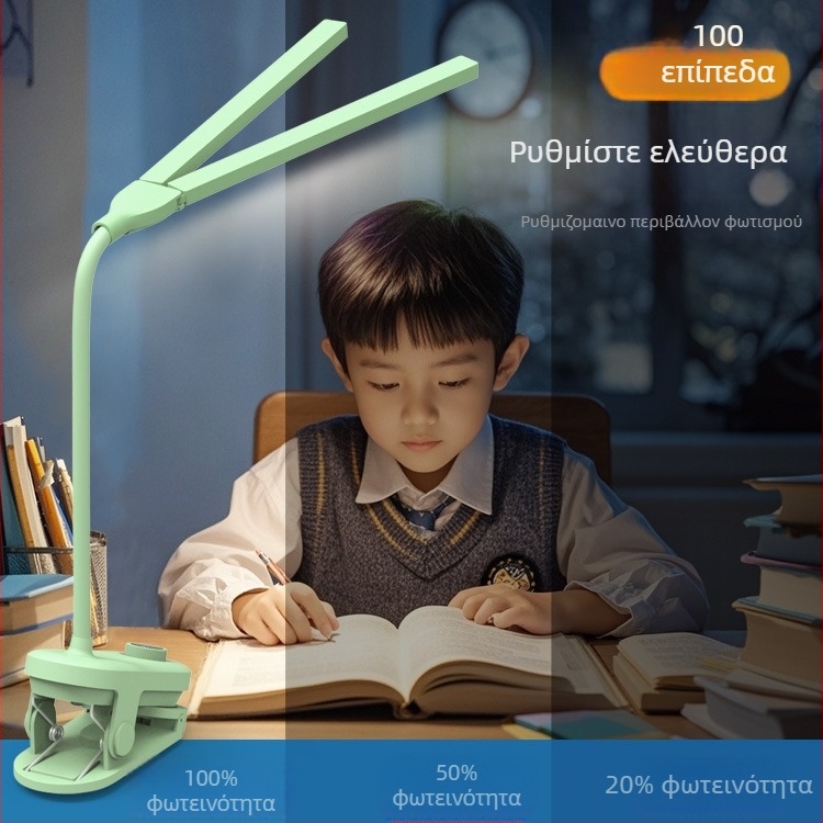 Κλιπ-όν γραφείο λαμπτήρας με διπλό κεφάλι, επαναφορτιζόμενος και τροφοδοτούμενος από πρίζα, ευφυής έλεγχος, CRI ≥90