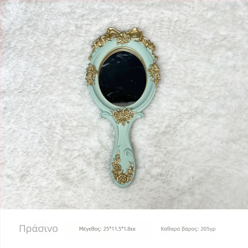 Χειροκίνητος καθρέφτης με λαβή, ωοειδούς σχήματος, ευρωπαϊκό ρετρό στιλ μπαρόκ, πλαίσιο από ρητίνη, ασημένιο καθρέφτης.