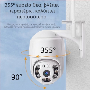 Εσωτερική ασύρματη κάμερα ασφαλείας με 1080p HD, θέα 360°, νυχτερινή όραση, Wi‑Fi σύνδεση και ειδοποιήσεις συναγερμού.
