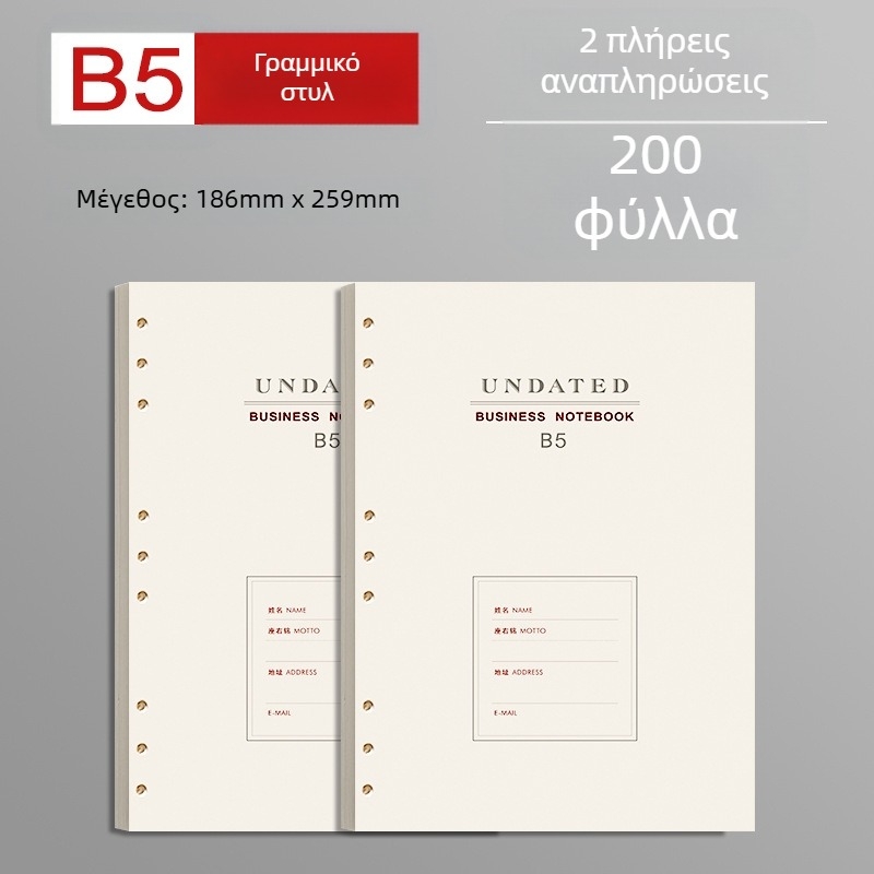 B5 εναλλακτικό πυρήνα για χαλαρά φύλλα με παχυνμένες ευθύγραμμες γραμμές, 100 φύλλα, συμβατό με 6/9 οπές, εσωτερικές σελίδες από Forest χαρτί