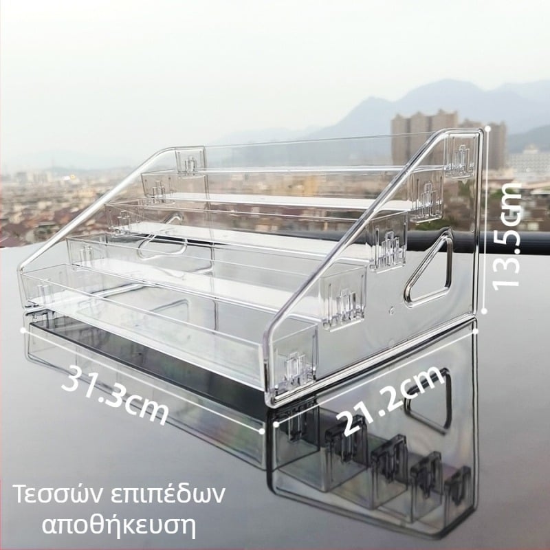 Διαφανής ακρυλικός επιτραπέζιος εκθεσιακός πάγκος μακιγιάζ με τρία ή περισσότερα επίπεδα, για κραγιόν, βερνίκια νυχιών και περιποίηση δέρματος