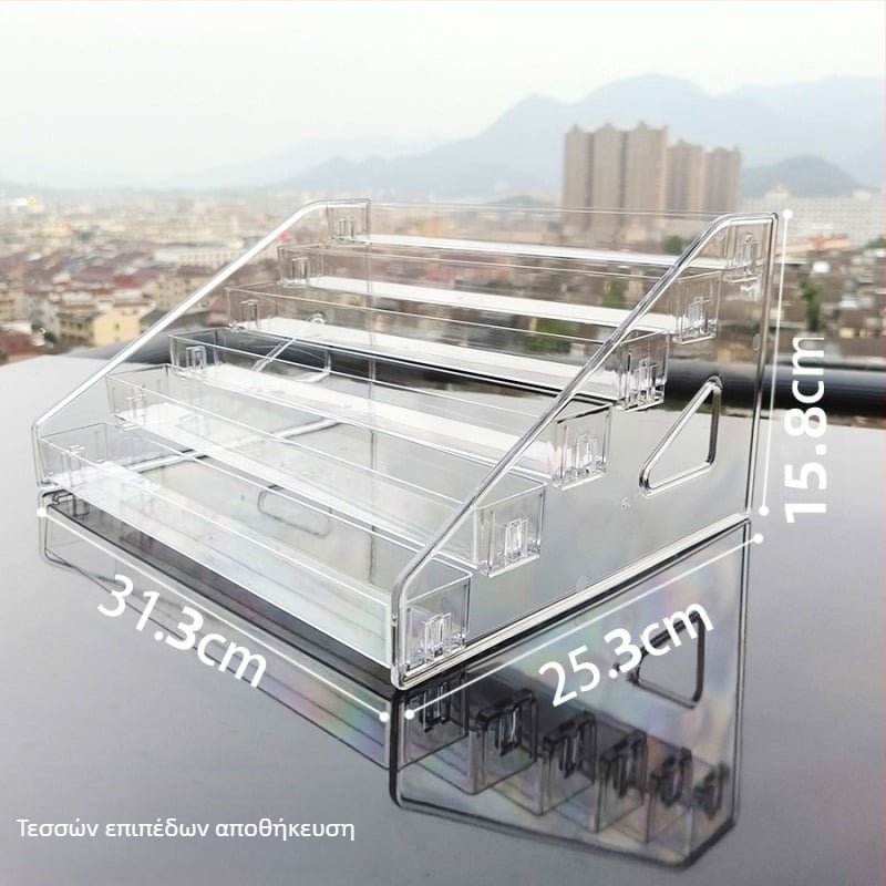 Διαφανής ακρυλικός επιτραπέζιος εκθεσιακός πάγκος μακιγιάζ με τρία ή περισσότερα επίπεδα, για κραγιόν, βερνίκια νυχιών και περιποίηση δέρματος