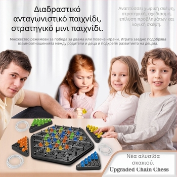 Επιτραπέζιο Παζλ Αλυσίδα Σκακιού – Διαδραστικό παιχνίδι πολλαπλών παικτών με τρίγωνο από ελαστικές ζώνες; Πλαστική κατασκευή; Ενισχύει την αλληλεπίδραση γονέα-παιδιού και τη λογική σκέψη; Κατάλληλο για ηλικίες 4–60 ετών.