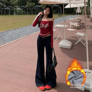 Τζιν με χαμηλή μέση, ελαφρώς φαρδιά, denim 90-95% βαμβάκι με πολυεστέρα, χωρίς ελαστικότητα, επεξεργασία σε υψηλή θερμοκρασία