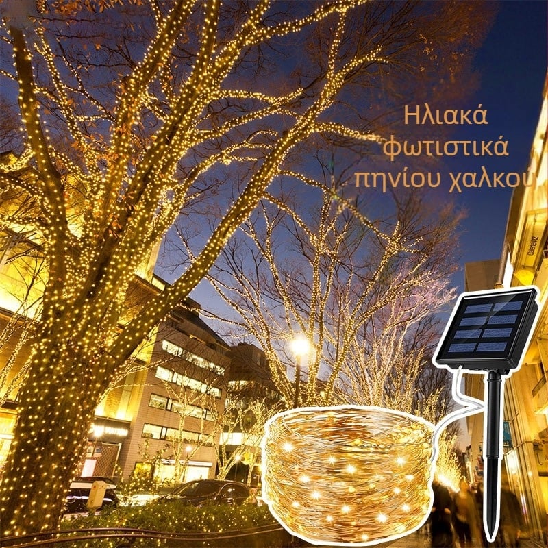 Ηλιακές LED γιρλάντες με χαλκώδη αγωγό για εξωτερικούς χώρους, αδιάβροχες IP65, διακόσμηση χριστουγεννιάτικου δέντρου, φώτα ατμόσφαιρας