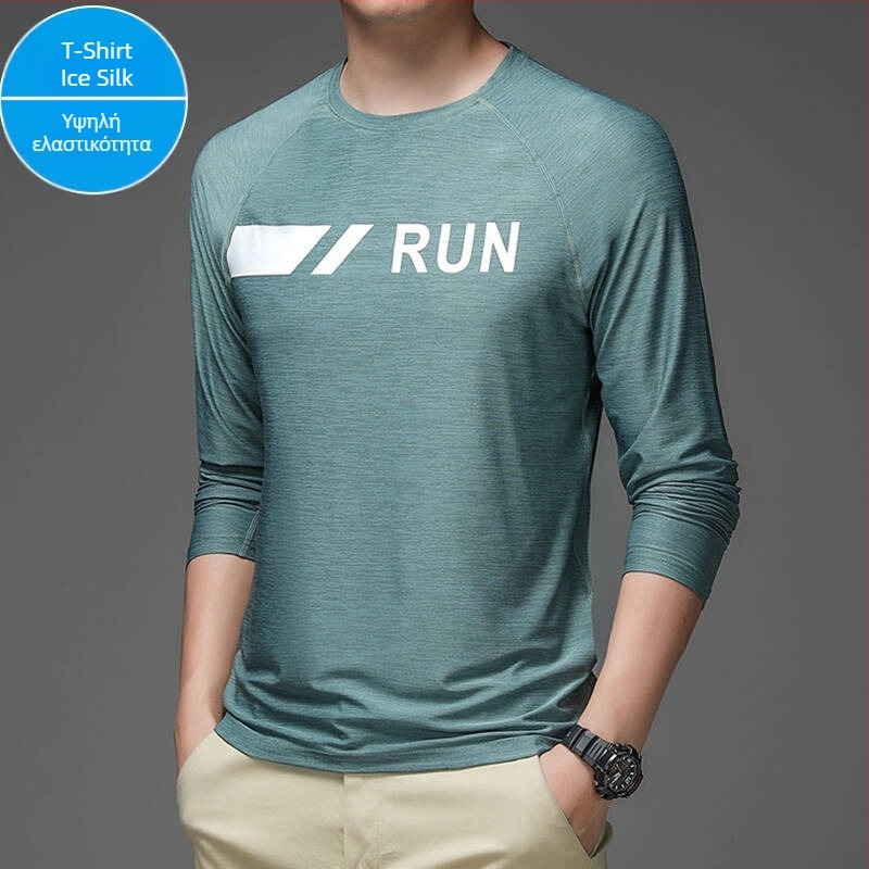 Ανδρική μακρυμάνικη μπλούζα Ice Silk, γρήγορο στέγνωμα, διαπνέον πολυεστέρας-σπαντεξ 90/10, στρογγυλός λαιμός, χαλαρή γραμμή, αθλητικές και εξωτερικές δραστηριότητες