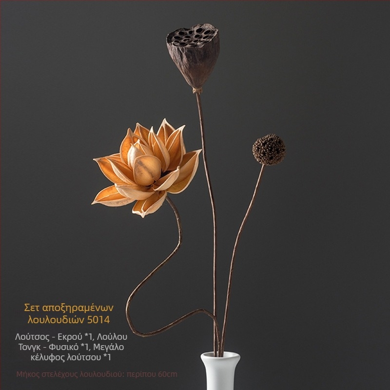 Μπουκέτο αποξηραμένων λουλουδιών σε στυλ Zen για σαλόνι – ανάμικτα στοιχεία με λωτό, καρποί λωτού και κώνους πεύκου (Variety: Lily; Material: Other; Craft: Other; Gift: No)