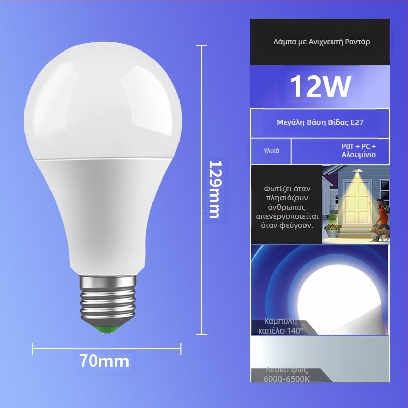LED αισθητήρας λαμπτήρας, βάση E27, 85-265V, 180° δέσμη, IP30, PF 0.6