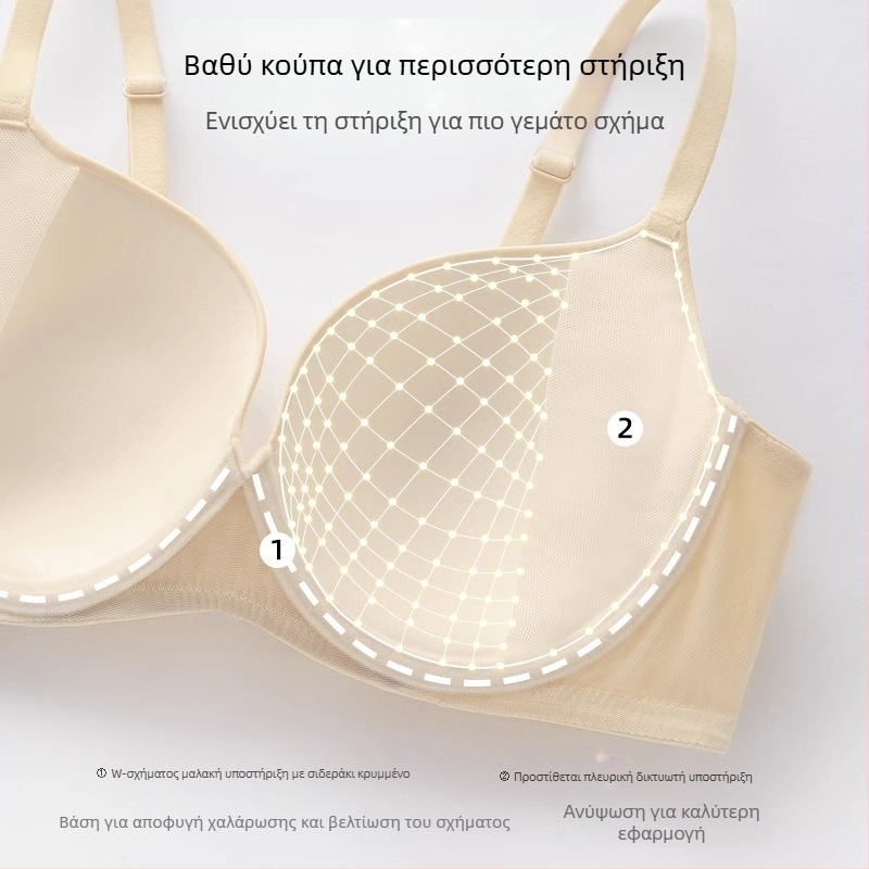 Σουτιέν χωρίς ραφές με μαλακό μεταλλικό δαχτυλίδι, πλήρης κάλυψη, λεπτές διαμορφωμένες κούπες, στήριξη push-up, νάιλον ύφασμα, σταθερά διπλά λουριά, τρεις σειρές αγκιστρωμάτων στο πίσω μέρος